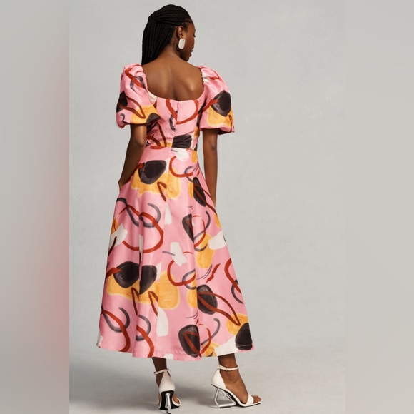 Anthropologie Aureta Studio Printed Puff-Sleeve Cutout Dress size L - Picture 2 of 7